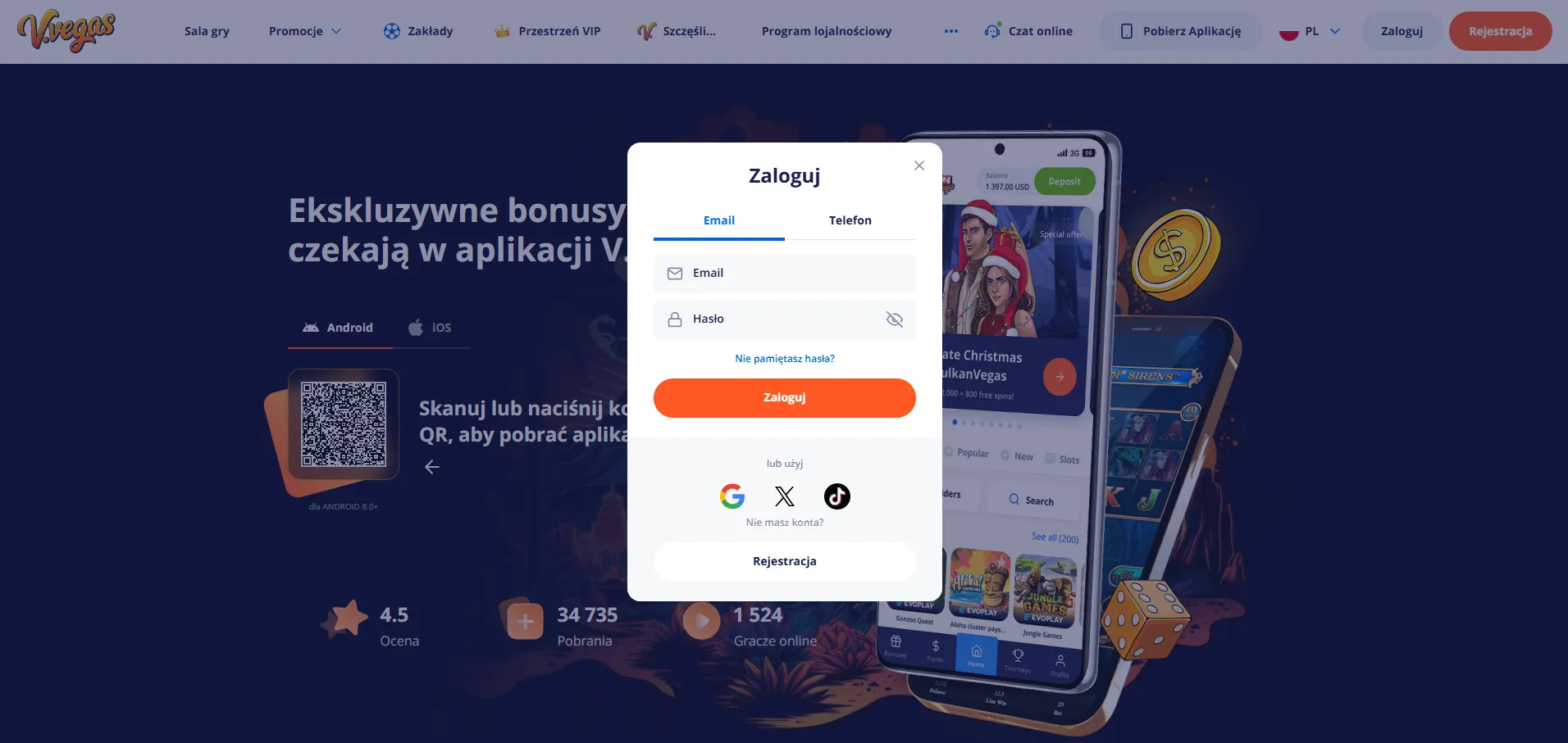 Vulkan Vegas login — logowanie przez telefon z kodem SMS
